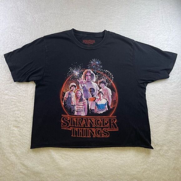 Medium Black Midriff Stranger Things Crop Top T-Shirt - Picture 1 of 9